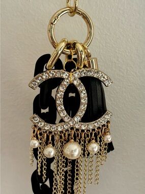 Rhinestone, gold tone chain, faux pearl iconic CC logo bag charm